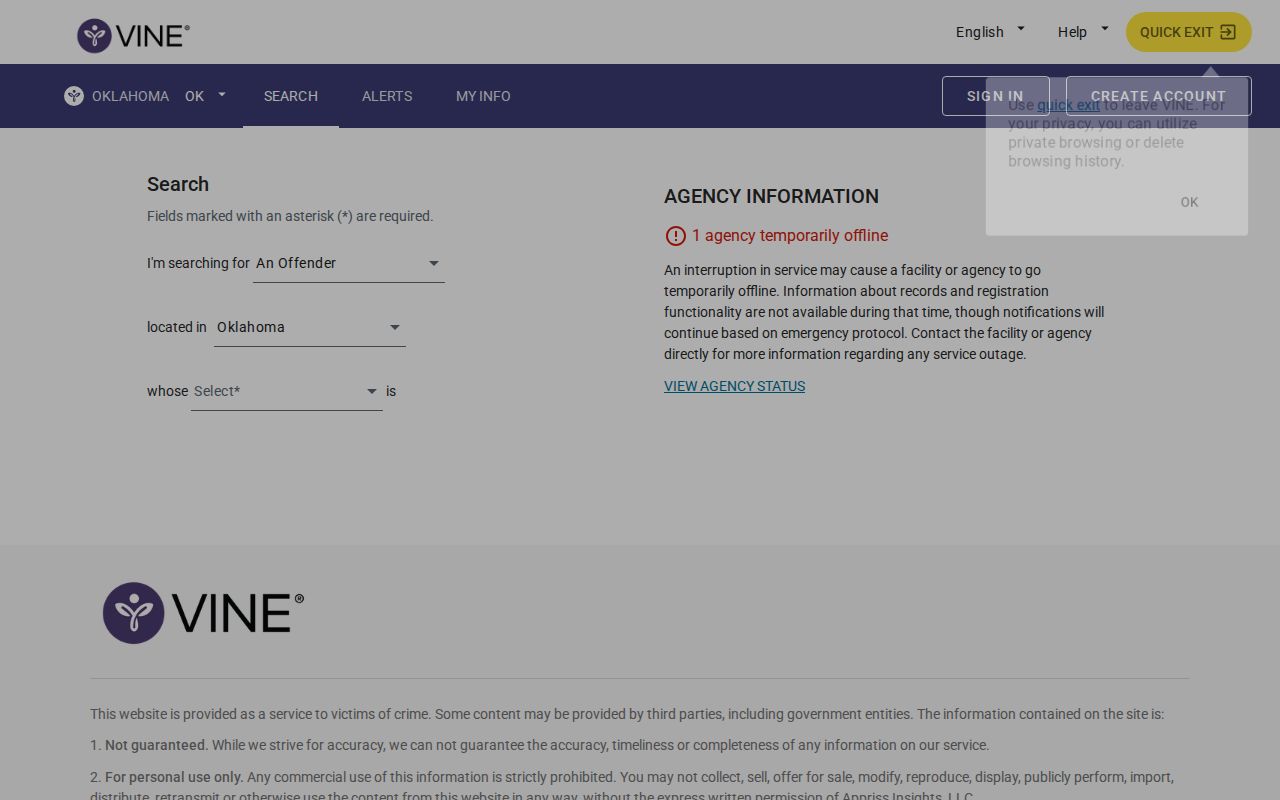Jackson County VINELink inmate search and release notification screen